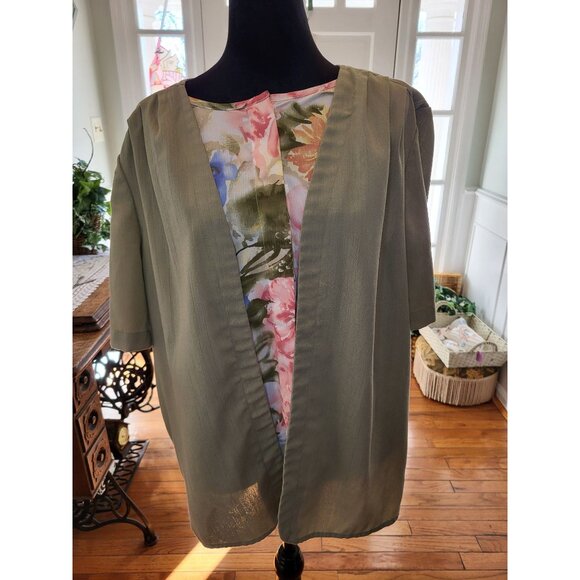 villager Tops - Villager Vintage 90s Layered Look Floral Tank/Jacket Pleated XL Cottage Spring